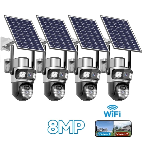 SANSCO 4K Dual Lens Security Cameras Wireless Outdoor, 5GHz 2.4GHz WiFi Solar Powered Cameras for Home Security, PIR Motion Detection, Color Night Vision,Two Way Audio,IP65 WaterProof, 4 Pack
