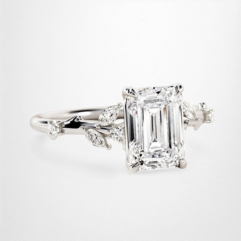 Women's Engagement Ring, Leafy Shank Ring, Cluster Wedding Ring, 14K White Gold Plated, 2.3 Ct Simulated Diamond, Anniversary Gift Ring For Wife