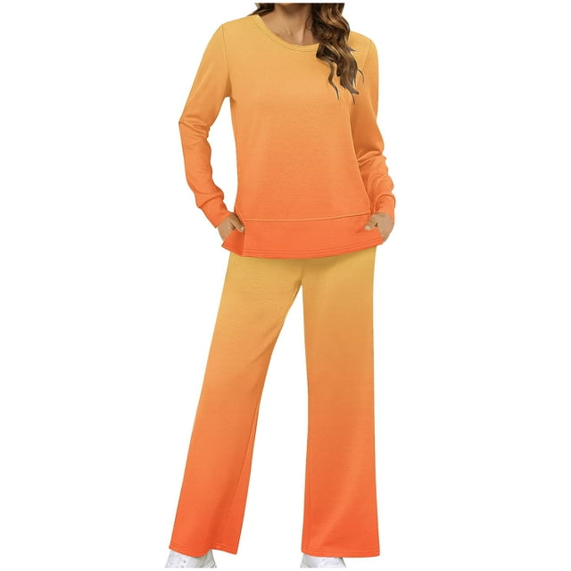 Hvobtty Ensemble Décontracté pour Femmes Manches Longues Col Rond, Mode Féminine Impression Non Positionnée Col Rond Manches Longues Pantalon Fendu sur le Côté