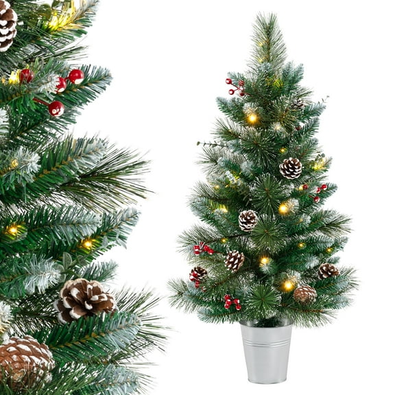 Topbuy 3 FT Artificial Entrance Christmas Tree Potted Tabletop Holiday Decoration Tree w/ 81 Branch Tips Snowy Pine Needles