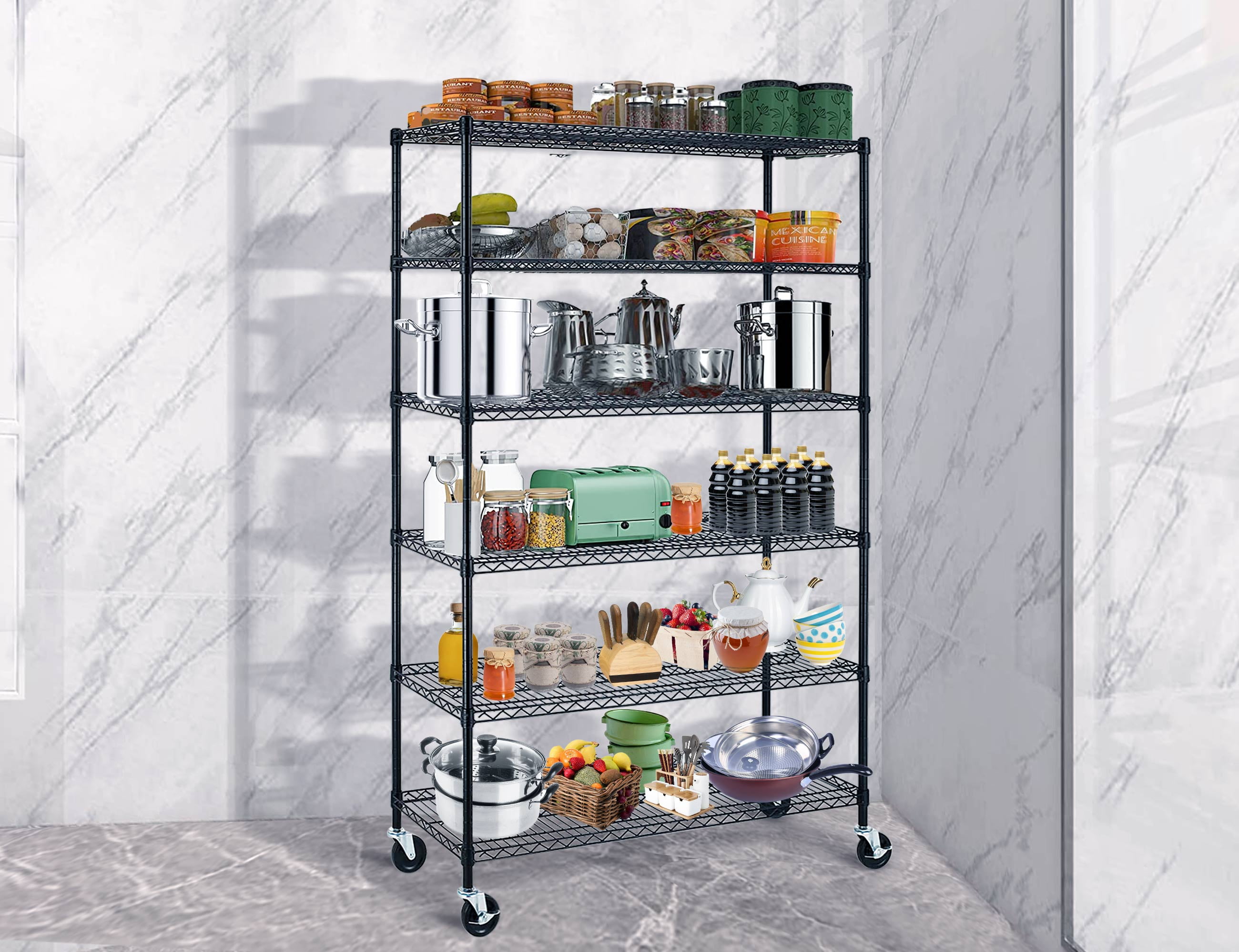 6Tier Metal Storage Shelves, Adjustable Wire Shelving Unit on Wheels Heavy Duty Movable Storage