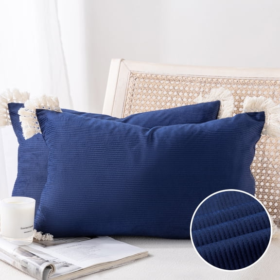 Phantoscope Soft Corduroy Velvet Decorative Throw Pillows with Cotton Tassel Trim, 12 x 20 in, Navy Blue, 2 Pack