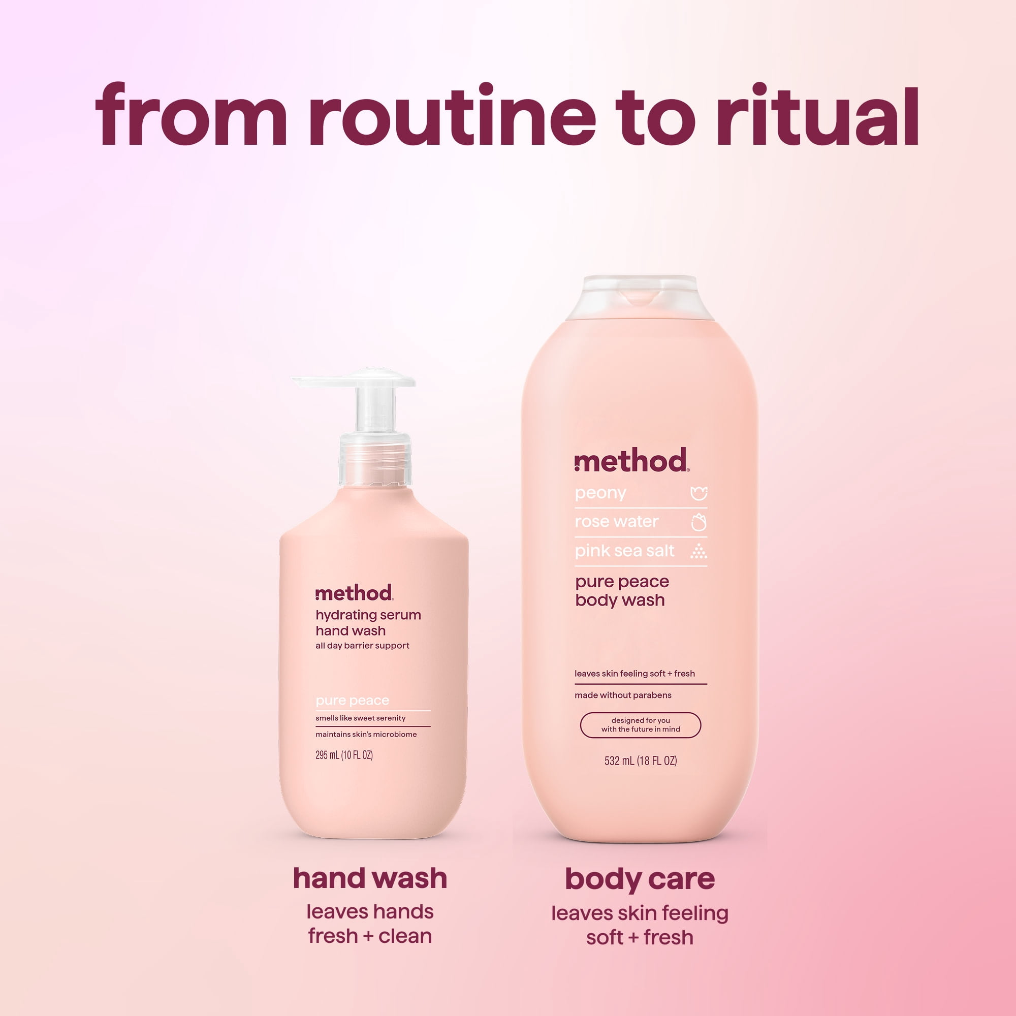 method Hydrating Serum Hand Wash, Pure Peace- Moisturizes Hands, Derm Tested on Sensitive Skin, Notes of Peonies, Rose Water & Pink Sea Salt, 10 fl oz