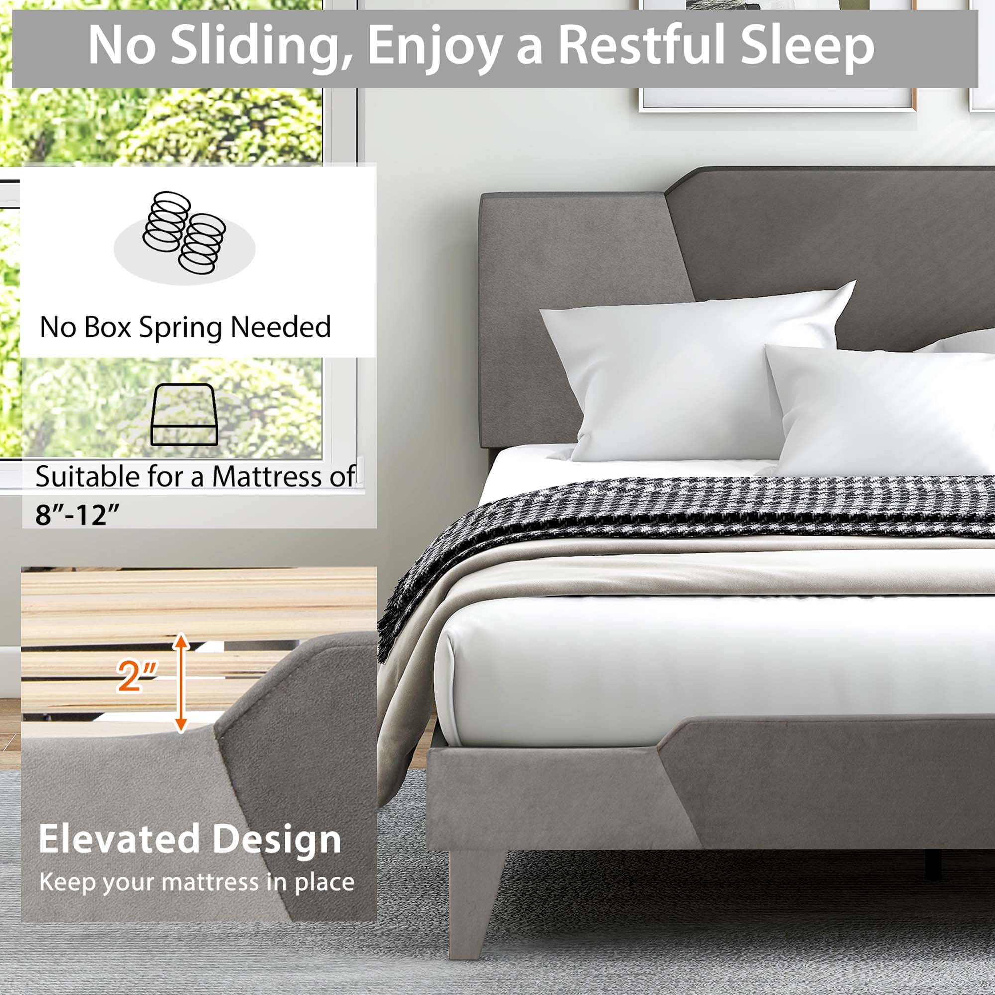 Costway Queen Size Upholstered Platform Bed Frame Velvet Headboard Mattress Foundation