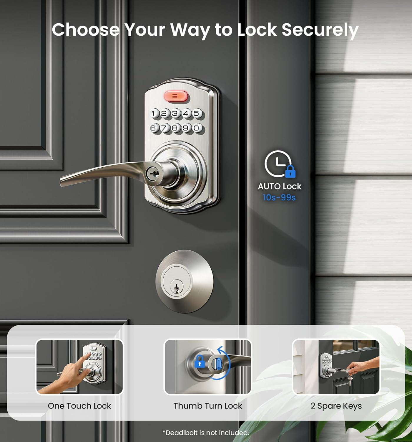 Veise Keypad Door Lock with Handle, Keyless Entry for Front Door & Bedroom, Electronic Lock with Code, Zinc Aluminum Metal Satin Nickel