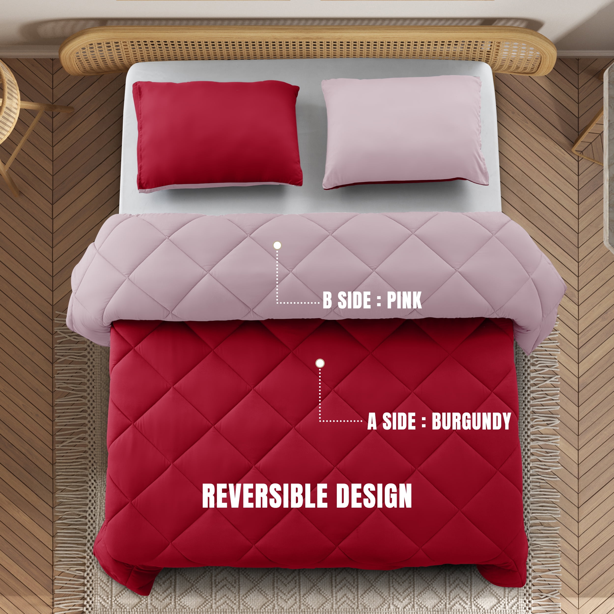 Lux Decor All-Season Comforter Sets Queen 3 PC, Reversible Bedding Set with Diamond Quilted Design Comforter and 2 Pillow Shams, Lightweight & Cozy Set de Cama Burgundy/Pink