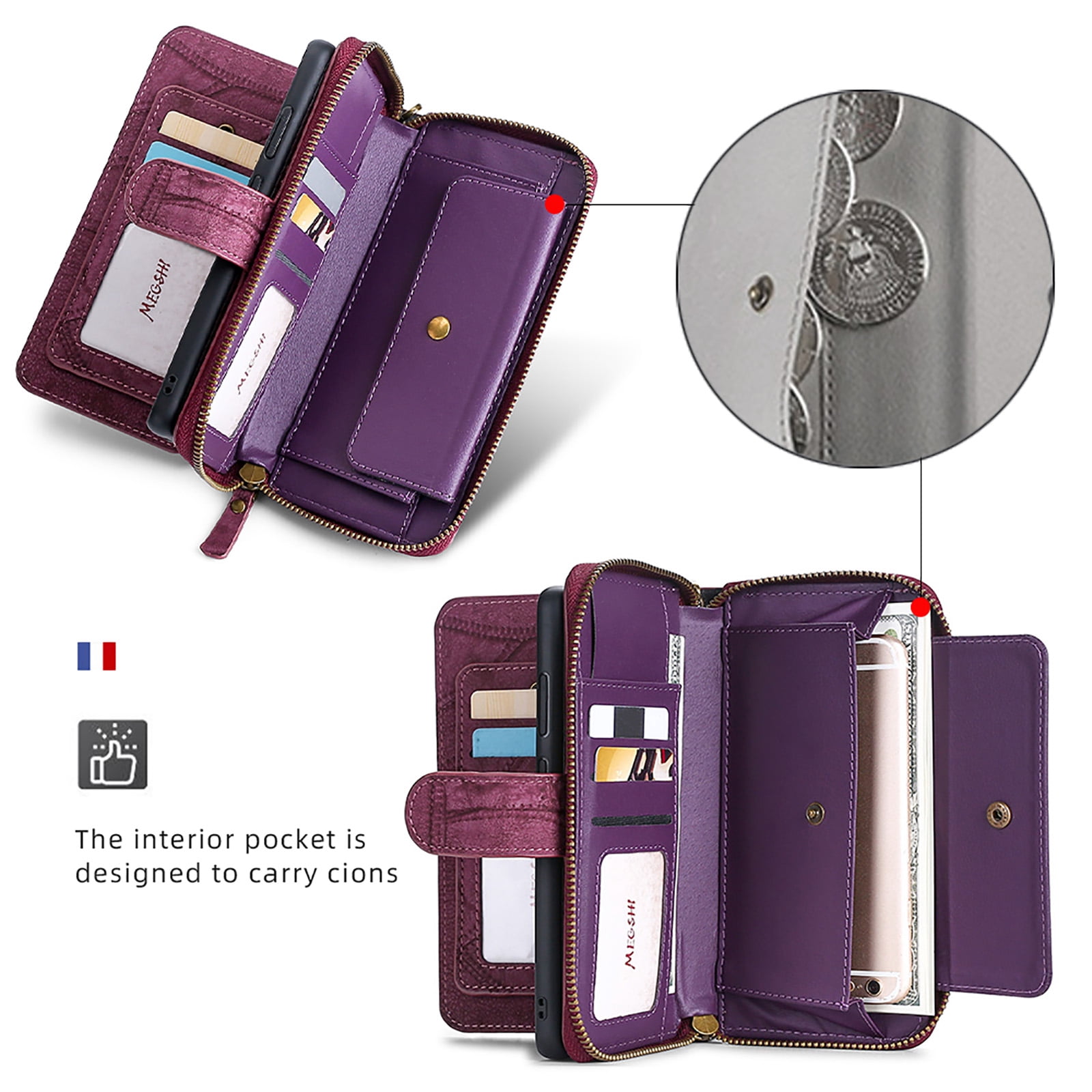 For Samsung Galaxy S25+ Wallet Case with RFID Blocking Credit Card Holder, Detachable Wallet Phone Case Magnetic Closure Flip Kickstand PU Leather Flip Lanyard Strap Wristlet Zipper Purse,Winered