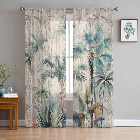 Summer Palm Trees Semi Sheer Curtains 96 Inch Length 2 Panels Set, Vintage Botanical Tropical Leaves Sheer Kitchen Curtain Privacy Voile Window Curtain for Living Room Bedroom Rod Pocket Drapes