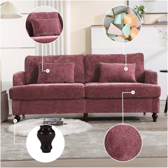 Wine Red Chenille Loveseat Sofa, Mid-Century Modern 2-Seater Couch with Brown Wood Legs for Living Room or Bedroom