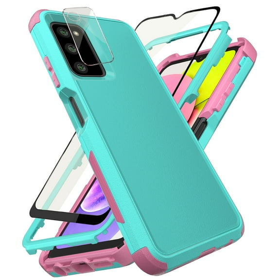 Xhy Samsung Galaxy A03S Case with Screen and Lens Protector Military Grade Full Body Protection 3 in 1 Shock Drop Resistant Rugged Rubber TPU Durable Detachable for Galaxy A03S Phone - Teal Pink