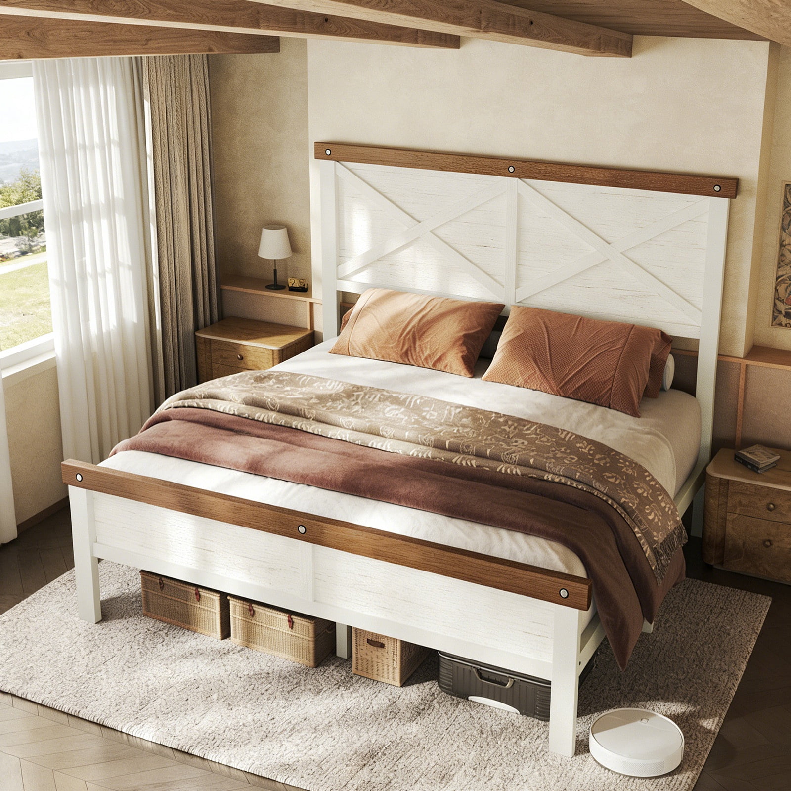 HOMRELEXA Farmhouse Bed Frame Queen Size with 51" Tall Headboard and Footboard, Platform Bed Frame, No Box Spring Needed, White
