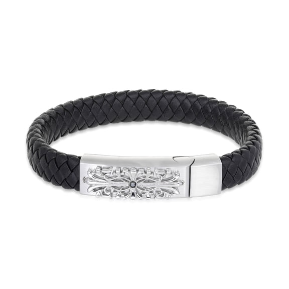 0.03 Carat Black Diamond Black Leather Bracelet with Stainless Steel Magnetic Closure