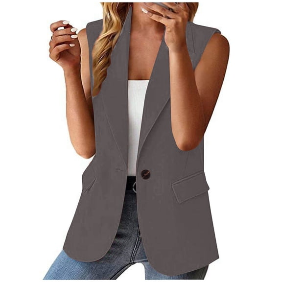 TODOZO Summer Blazers for Women Lightweight Womens Blazer Summer Blouses for Women 2025 Women's Sleeveless Coat Solid Color Cardigan Suit Casual Lapel Cardigan Jacket with Pockets Grey L
