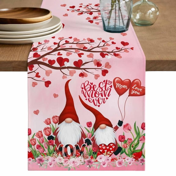 Table Runner 72 Inches Long for Kitchen Dining, Mother's Day Dresser Scarf Farmhouse, Dining Table Decorations for Wedding/Parties, Cute Gnomes Red Heart Tulips Flower Love Tree 14 x 72 In