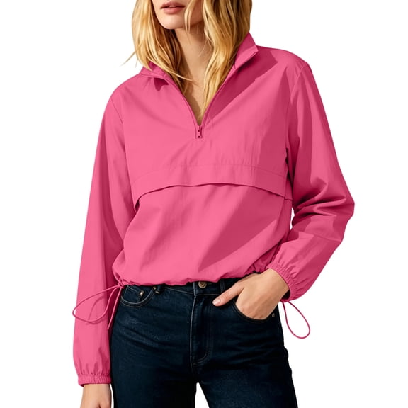 Zpanxa Fall Jackets for Women Half Zip Stand Collar Pullover Jacket with Drawstring Hem Long Sleeve