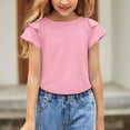 thumbnail image 5 of LIIPEE Girls Shirts Solid Color Ruffles Sleeve Round Neck Plain Tshirts Top Kids Versatile Vacation Tee,Pink,5-6 Years, 5 of 5