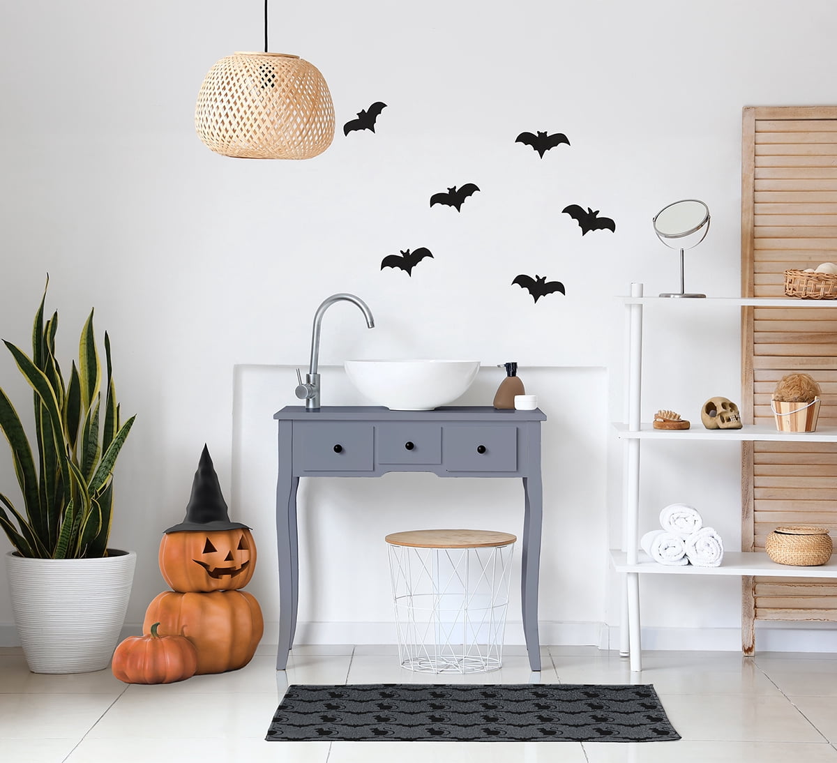 Simply Daisy Cats and Bats Steel Gray Halloween Chenille Area Rug, 2' x 3'