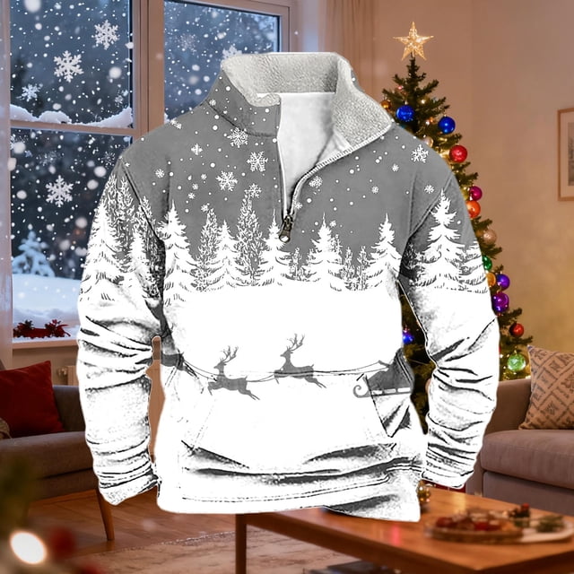 Ceisia Warm Fleece-Lined Mens Loose Fit Christmas Print Half-Zip Stand Collar Sweatshirt Gifts