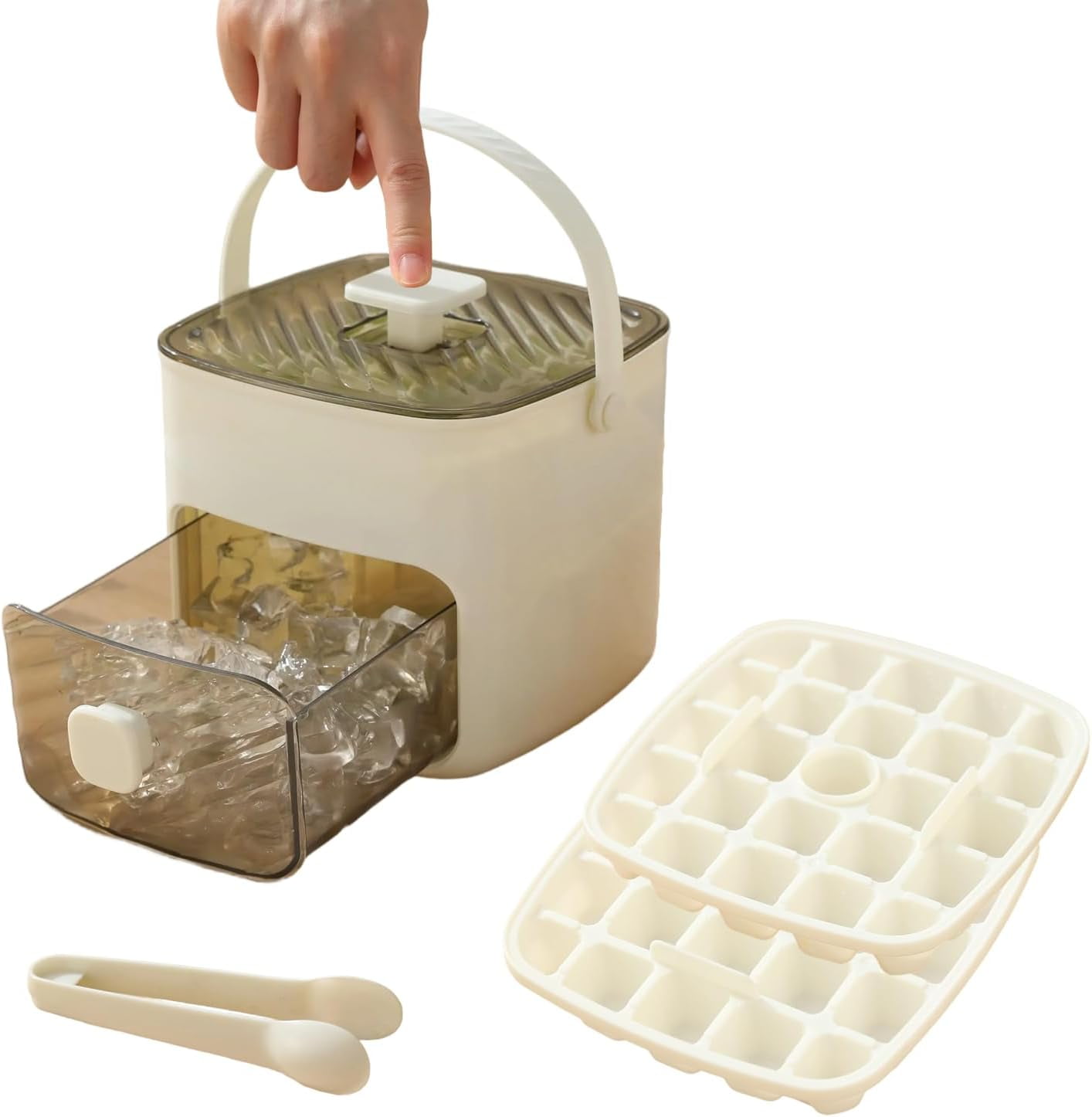 White 48-Grid Portable Ice Maker Bucket with Ice Tray and Storage Bin, Press Release Ice Cube Mold with Ice Tong