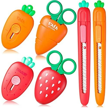 

6 Pcs Small Cute Box Cutter Mini Retractable Utility Knife Scissors Carrot Strawberry Shaped Letter Opener Lock Slides Knife Stationery Supplies for Students Letter Small Box DIY Crafts