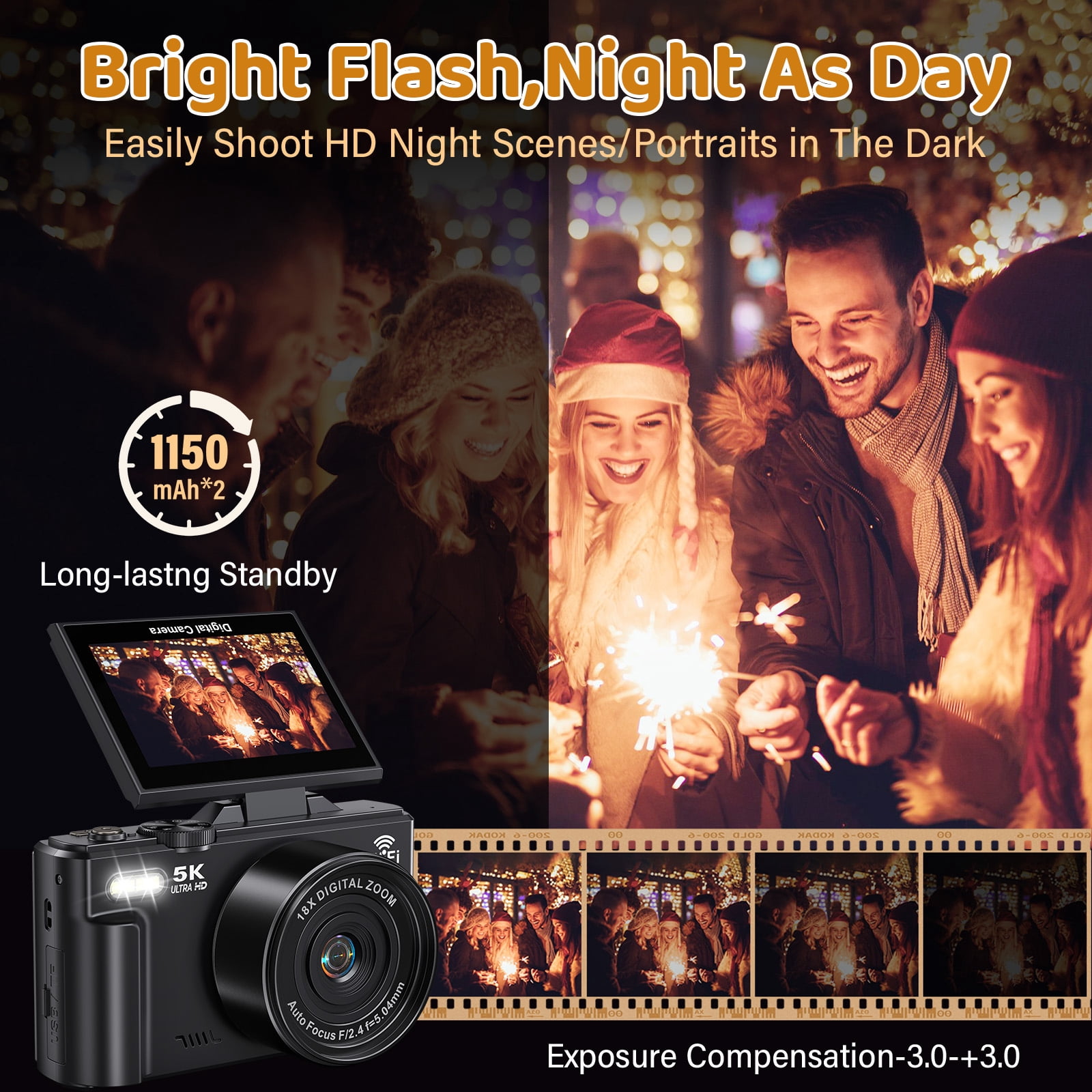 MARVUE Digital Camera 5K 75MP WiFi Vlogging Camera for Photography, Autofocus, 18x Zoom, Flip Screen with 32GB Card, Black