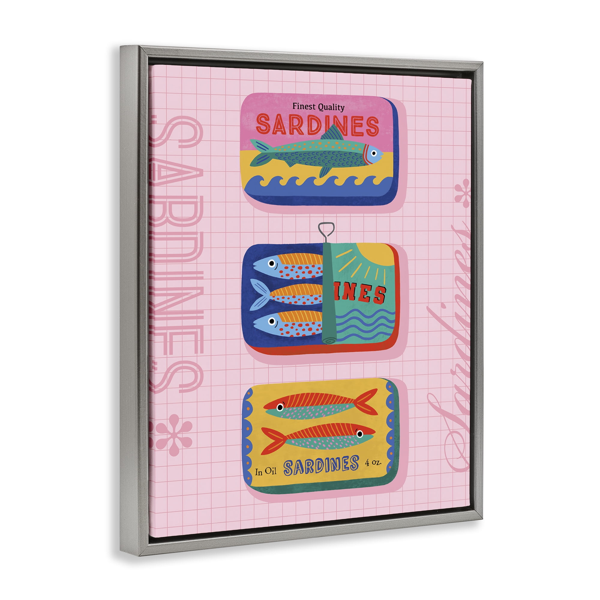 Stupell Industries Bright Sardine Can Designs Food & Beverage Painting Gray Floater Framed Canvas Art Print Wall Art, 25 x 31
