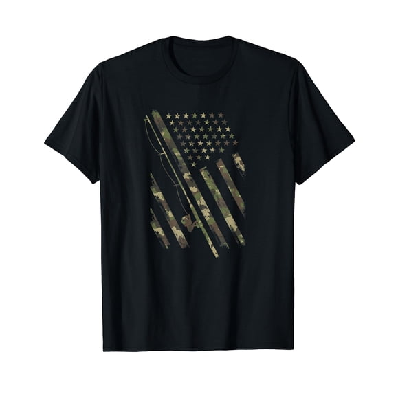 Fishing Flag Camouflage USA Flag for Bass Fisherman Black Crew Neck T-Shirt