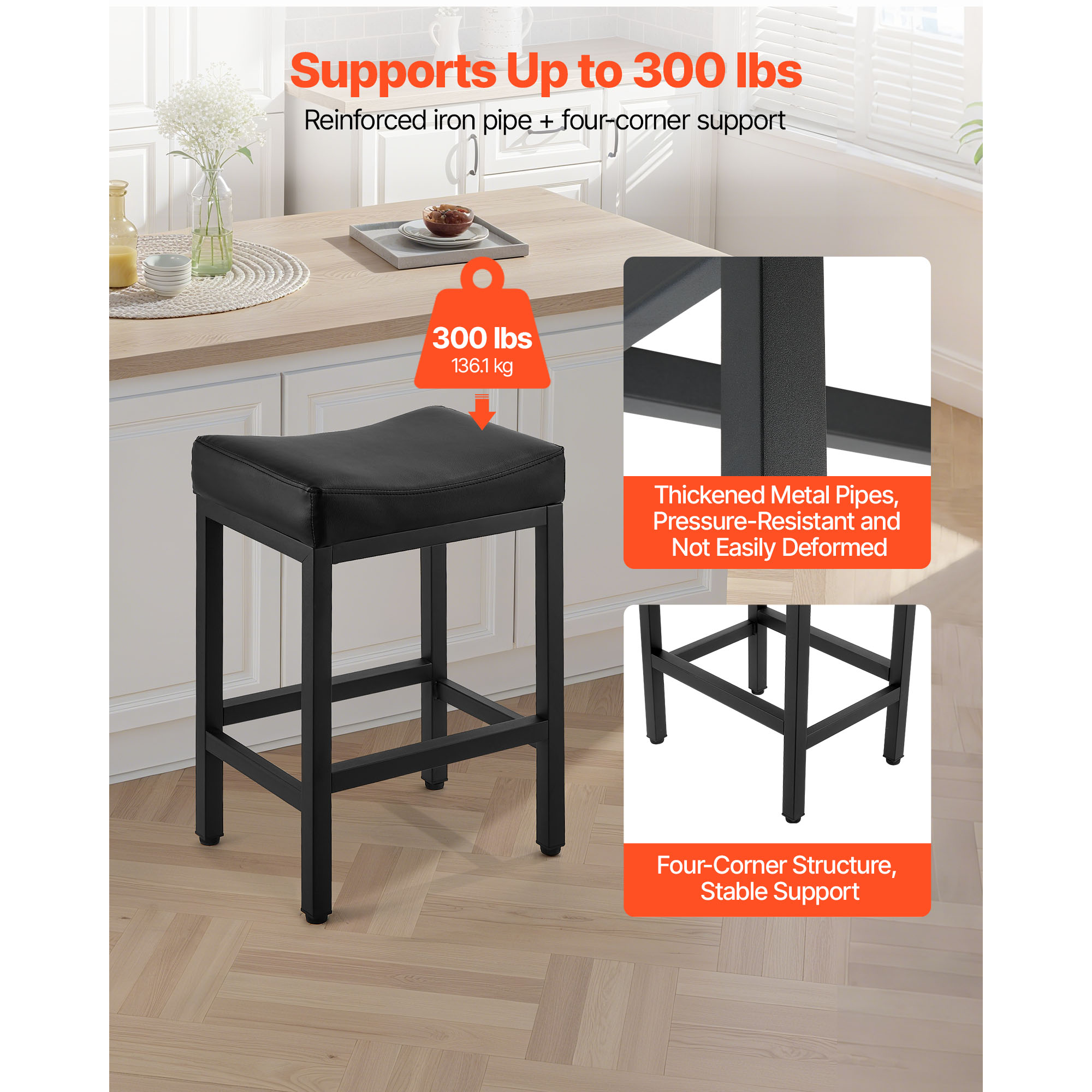 KFFKFF Set of 2 PU Leather Bar Stools, 25-inch Counter Height Saddle-Seat with Metal Legs, Backless Design for Kitchen, Dining Room, Cafe, Easy-to-Assemble, Black