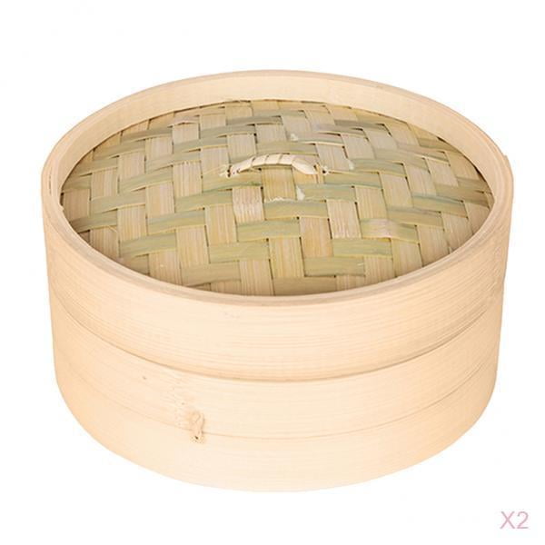 Cesta de vapor redonda de bambú 2 Piezas Vaporizador De Bambú Cesta De Vapor De Comida Asiática Para Dim Sum Dumplings 6 Pulgadas 6 pulgadas Fanmusic Cesta de vapor redonda de bambú
