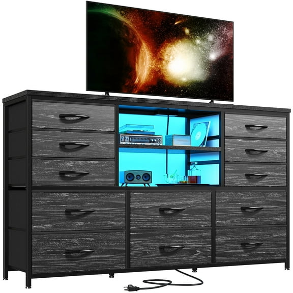 Romorgniz 55" Black Dresser TV Stand with 12 Fabric Drawers,LED Lights & Charging Station,Media Console for Bedroom,Living Room