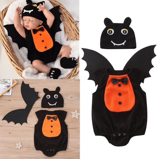 Conjunto de 3 piezas de ropa de Halloween para recién nacidos, con diseño de diablillo, sin mangas, con gorro y lazo.