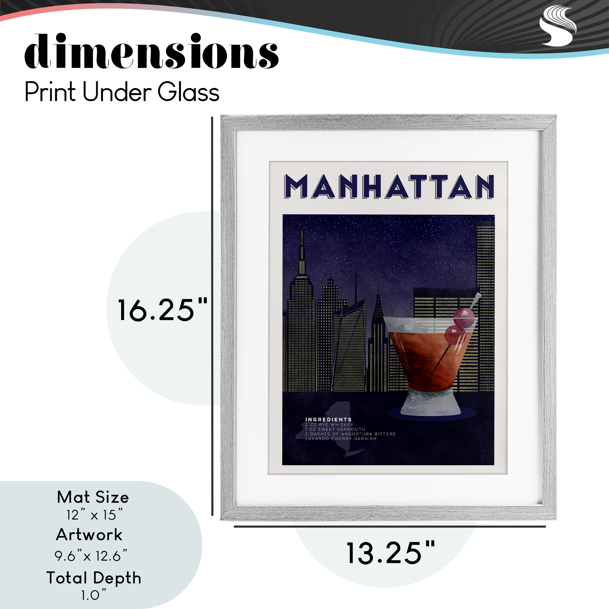 Retro Manhattan Cocktail Cityscape Gray Framed Print Under Glass, design by Brett Blumenthal