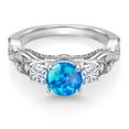thumbnail image 2 of Gem Stone King 925 Sterling Silver Blue Simulated Opal and White Moissanite Engagement Ring for Women (0.77 Cttw, Gemstone October Birthstone, Round Cabochon 6MM and 3MM, Size 8), 2 of 4