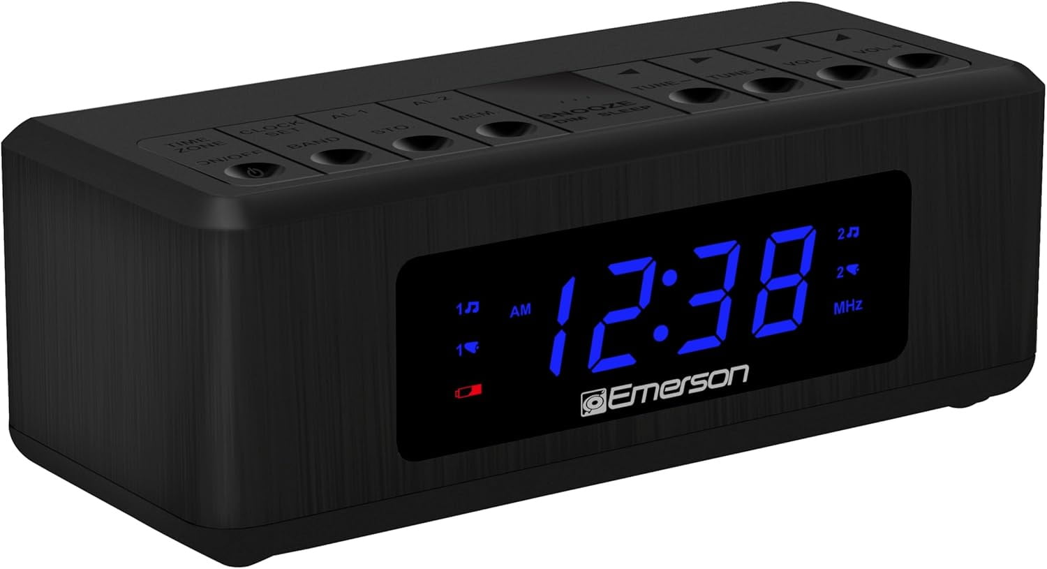 Emerson AM/FM Dual Alarm Clock Radio with 0.6" Blue LED Display, 4-Level dimmer, and Wake to Radio/Buzzer Alarm, Black - CK2023