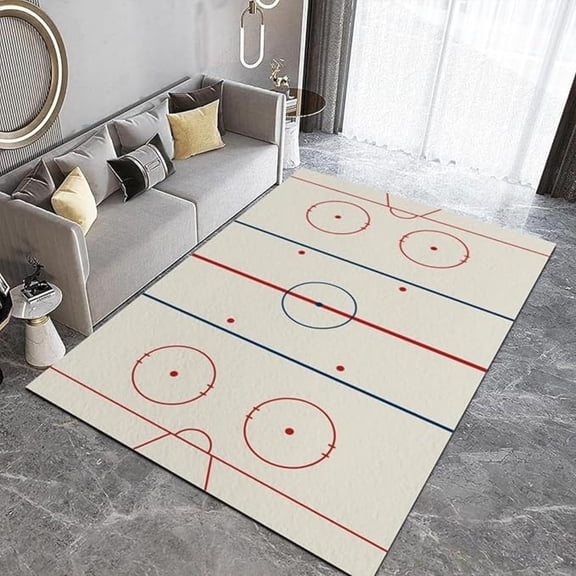 Red And Blue Ice Hockey Rink Area Rug, Ice Hockey Venue For Sports Enthusiasts Indoor Non-Slip Kids Rugs, Machine Washable Breathable Durable Carpet For Front Entrance Floor Decor 3x4ft