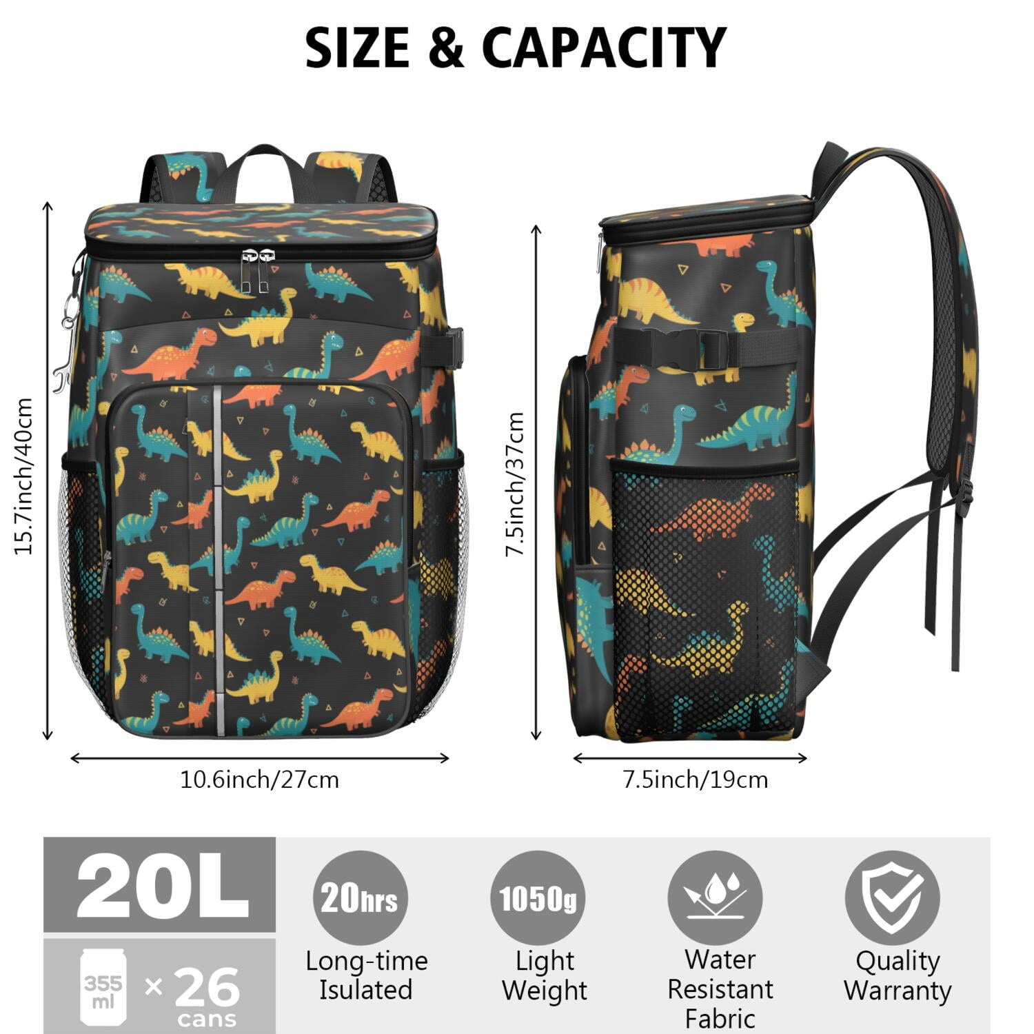 Travel Cooler Bag - Black Colorful Dinosaurs Pattern Camping Beer Cooler Backpack with Bottle Opener- Waterproof Insulated Picnic Backpacks - Cooler Bag for Beach