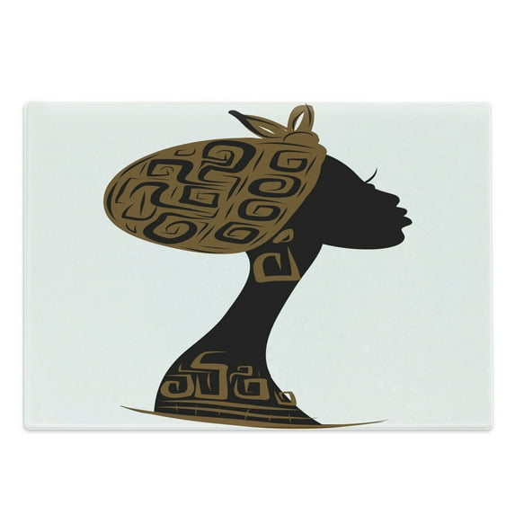 African Cutting Board, Face Profile Silhouette Woman Headscarf Art Folk Elements, Decorative Tempered Glass Cutting and Serving Board, Large Size, Brown Black White, by Ambesonne