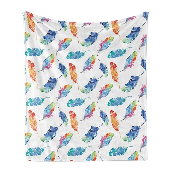 Feather Soft Flannel Fleece Throw Blanket, Watercolor Bird Feathers with Soft Color Palette Inspirations Print, Cozy Plush for Indoor and Outdoor Use, 70" x 90", Multicolor, by Ambesonne