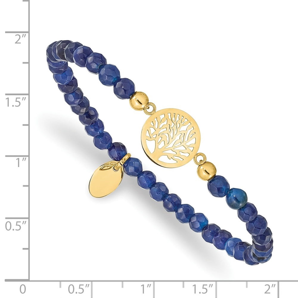 Diamond2Deal Stainless Steel Yellow IP-Plated Tree of Life 4mm Blue Jade Beaded Stretch Bracelet for Women 6.5"
