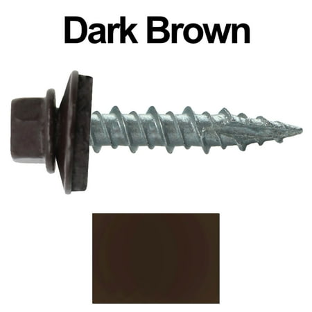 

Metal ROOFING SCREWS: (1000) 10 x 1 DARK BROWN Hex Head Sheet Metal Roof Screw. Self starting metal to wood siding screws. EPDM washer. Colored head