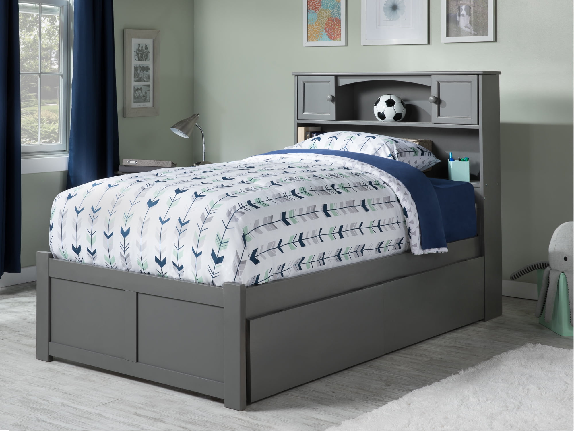AFI Newport Twin Solid Wood Platform Bed with Footboard & 2 Storage Drawers in Grey