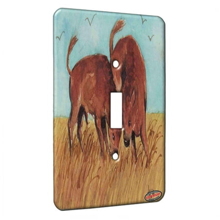 American Bison Bull KuzmarK™ Single Gang Toggle Switch Wall Plate - American Bison Buffalo Calves Battle of the Baby Bulls Wildlife Art by Denise Every ()