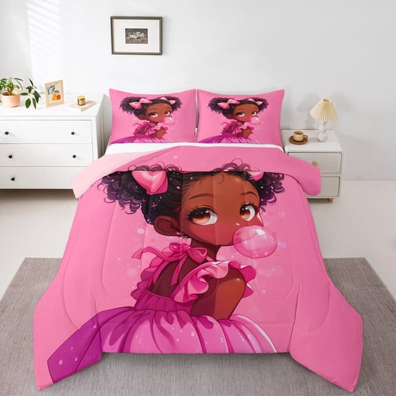 Erosebridal American African Black Girls Comforter Sets Twin Size,Afro Princes Comforters & Duvets,Pink Black Bedding Twin Comforter Set,Bedroom Decorative Reversible,2-Piece