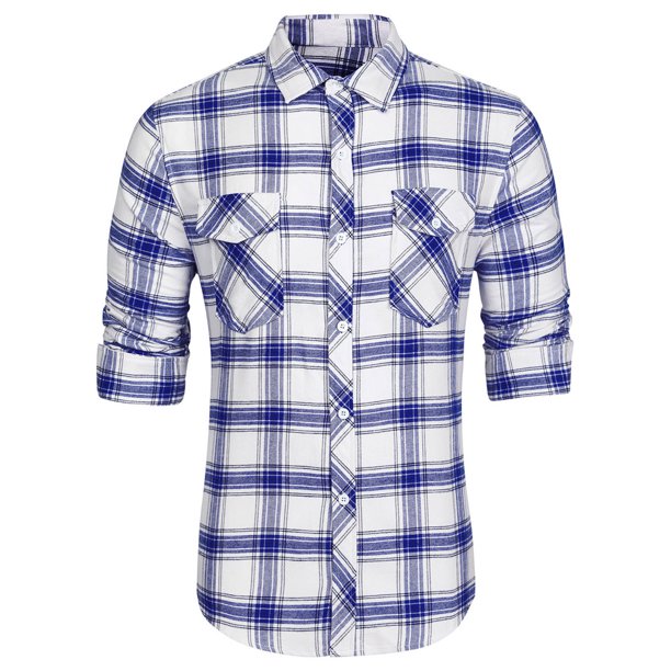 sourcing map Camisa De Franela Estampado De Cuadros Mangas Largas Botón Arriba Cuello V Para Hombres Azul Y Blanco 44 Unique Bargains Camisa