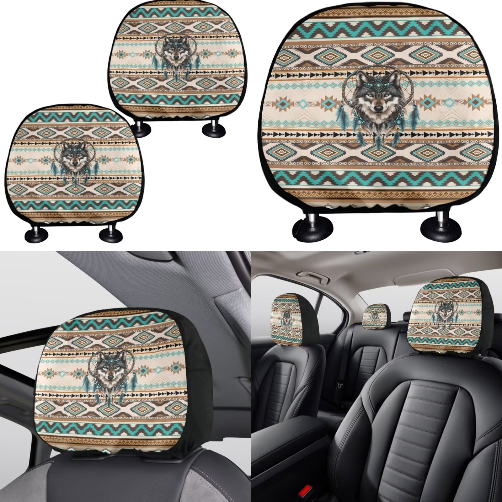 Garronmavis Aztec Wolf Car Seat Covers Set Easy Installation Car Accessories Set 11 Pcs with Auto Headrest Cover+Handbrake Gear+Shift Knob Cover+Auto Cup Coaster+Wristlet Keychain