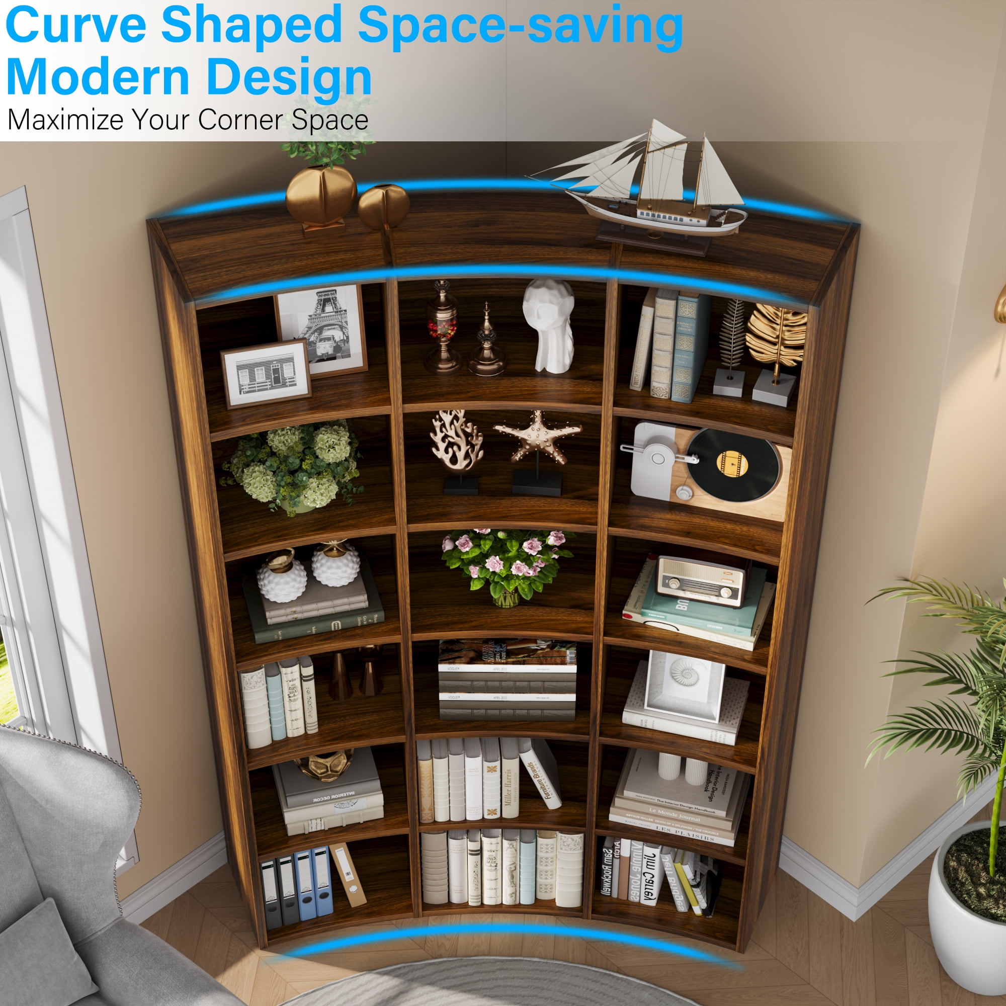 Cikuso 71" Triple Width Bookcase, 18-Cube Curved Bookshelf Corner Bookcase, Curve Shape Display Storage Shelf for Living Room, Home Office, Brown