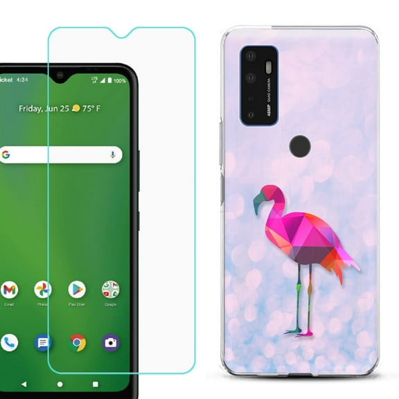 Shockproof Bumper Phone Case for AT&T Radiant Max 5G / Fusion 5G, with Tempered Glass Screen Protector, by OneToughShield ® - Flamingo / Polygon