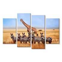 Elephant Stock African Zebras And Giraffe Wall Art - Horizontal Multi Panel Canvas - Living Room Wall Decor - Animal Multi Panel - Orange And Brown Decor - 84" x 54"