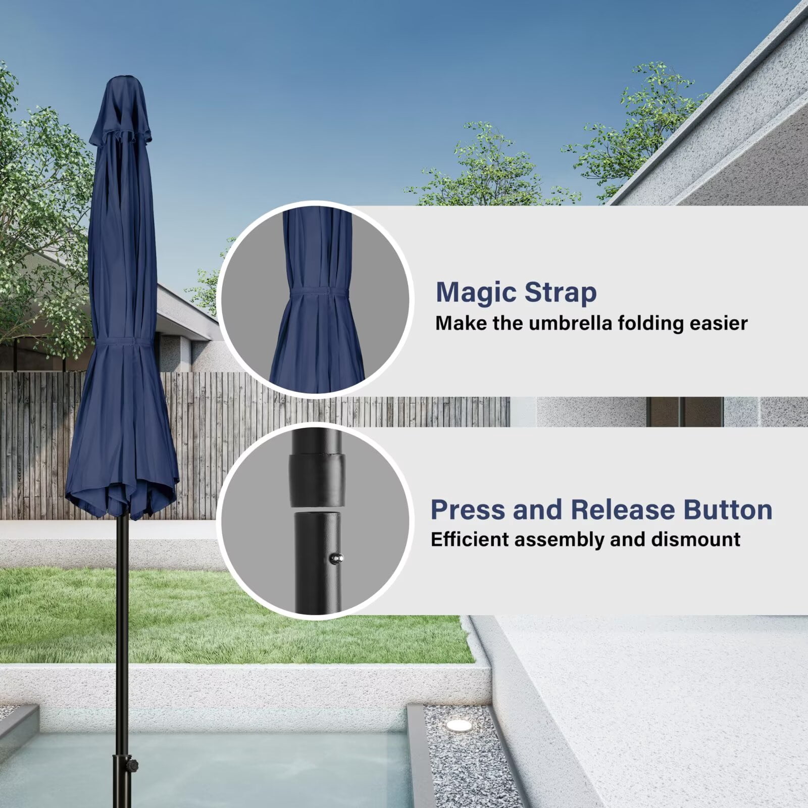 Simple Deluxe 9ft Outdoor Market Table Patio Umbrella with Button Tilt and 8 Sturdy Ribs, Dark Blue, 1 Pack