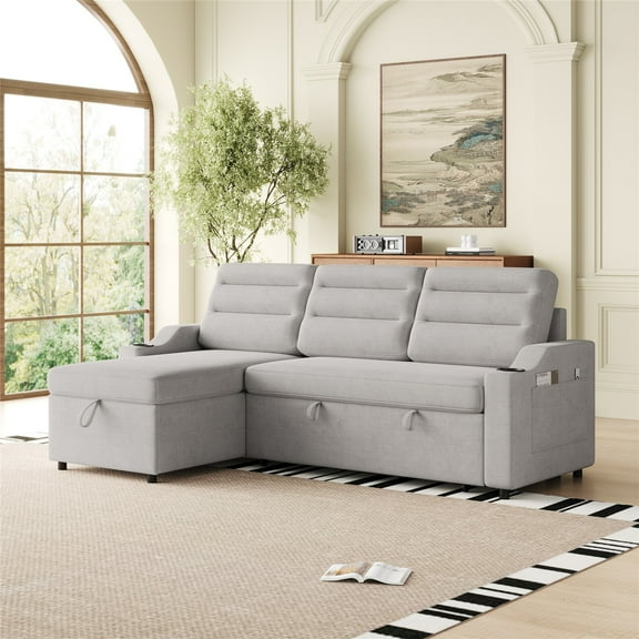 MH83.5" Convertible Sleeper Combo Sofa, Convertible Sofa Bed Polyester Pullout Bed With Storage Recliner And Cup Holder For Living Room, Tight Spaces,LIGHT GREY